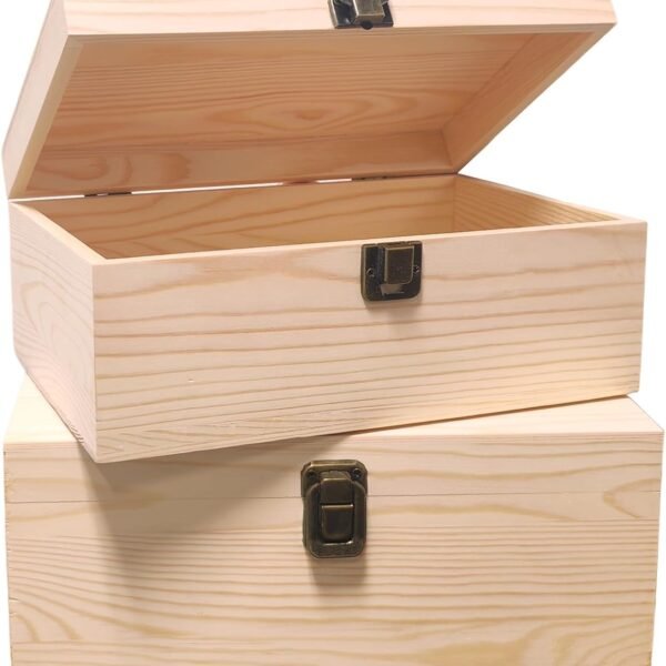 Wooden Storage Box Set with Latch, 2-Pack Natural Unfinished Boxes, Craft and Jewelry Organizer with Compartments