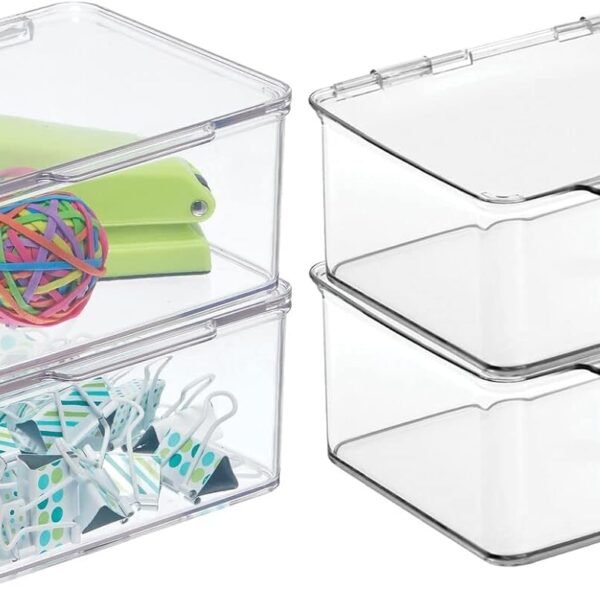 Small Plastic Home Office Storage Organizer Box Containers w/Hinged Lid for Desktops - Holds Pens, Pencils, Sticky Notes, Highlighters, Staples, Supplies -  Collection, 4 Pack - Clear