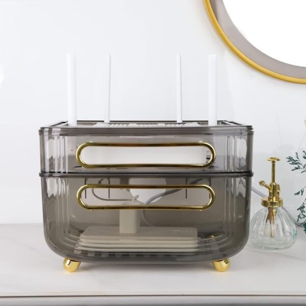 Desktop & Wall-Mounted Router Storage Plastic Wireless WiFi Router Box, Living Room Set-top Box Shelf for Cable Box/DVD Players/Game Console, Container Fit for Power Boards, USB Cables, Grey