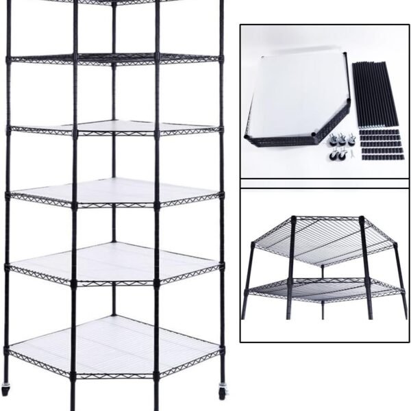 6-Tier Rolling Heavy Duty Commercial Polygonal Corner Shelf Wire Shelving Unit Adjustable Storage Rack Free Standing Garage with 5 Wheels 26 4/5" L x 26 4/5" W x 71" H Inches (Black)