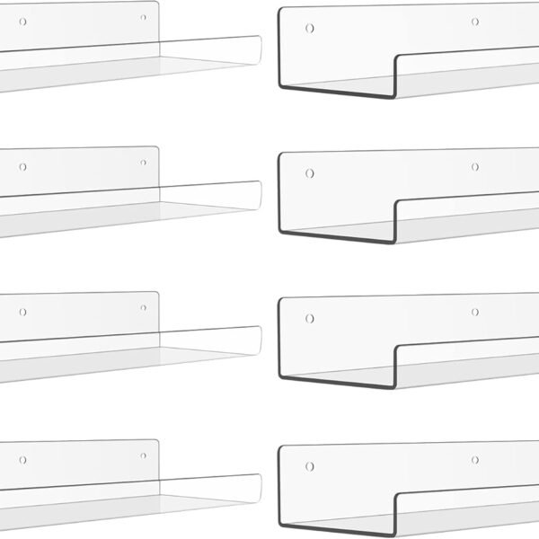8 Pack Acrylic Shelves for Wall Storage, 15" Floating Bookshelves for Kids, Display Shelf Organizer for Bathroom, Bedroom, Living Room Decor, Kitchen, Clear