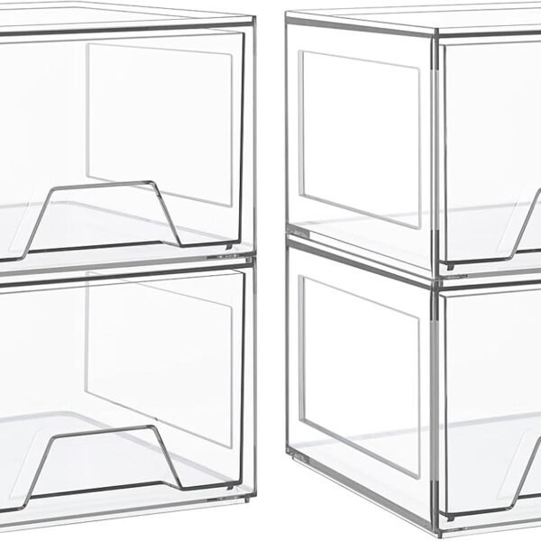 4 Pack Stackable Makeup Organizer,4.4'' Tall Acrylic Bathroom Organizer and Storage Drawers, Clear Plastic Drawer Storage Bins For Vanity, Undersink, Cabinets, Pantry