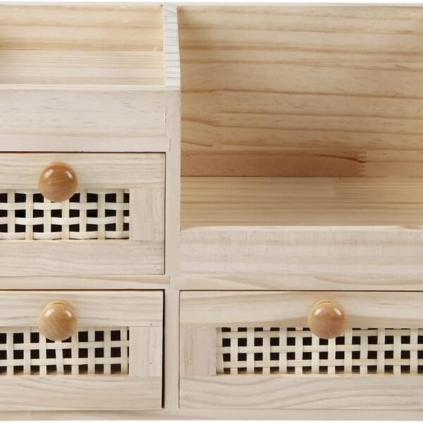 Bamboo Desk Organizer-No Assembly Required,Mini Bamboo Desk Drawer Organizer,Tabletop Storage Box for Office/kitchen counter/Bedroom, No Assembly Required (3 Drawer with Shelf)