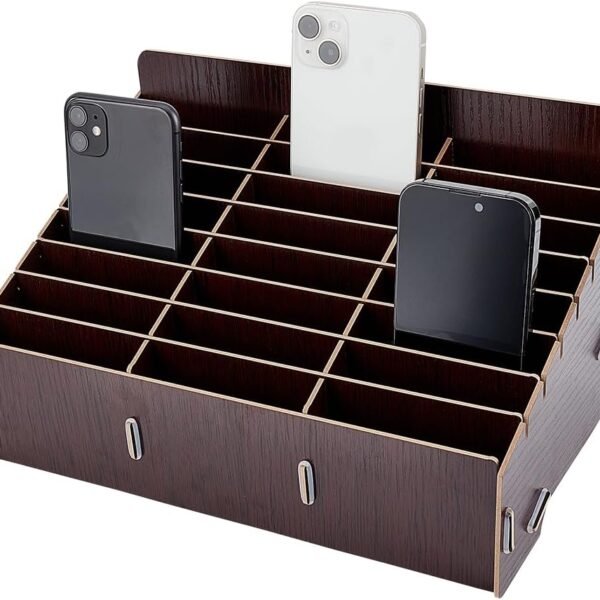 24 Grid Storage Box for Mobile Phone Management Made of Wood, Black Mobile Phone Storage Box, Desk Organiser for Office and School Supplies, Walnut Colour