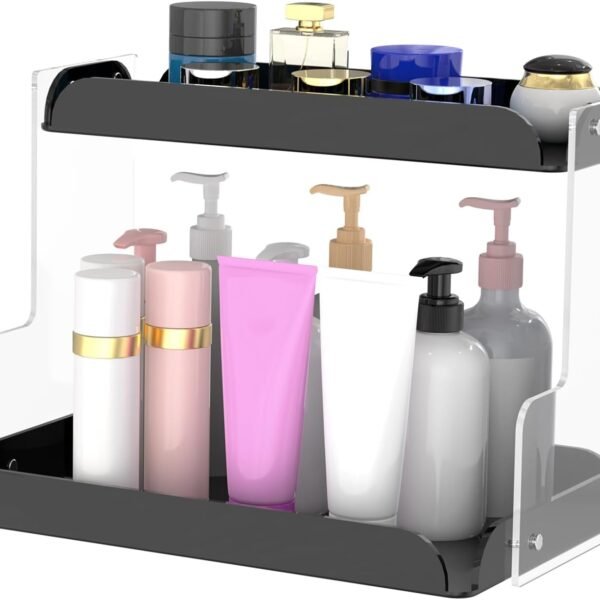 2-Tier Acrylic Bathroom Organizer - Vanity, Perfume, Spice Rack, Makeup Storage Shelf for Bathroom, Bedroom, Kitchen, Living Room, and Dressing Table (Black)