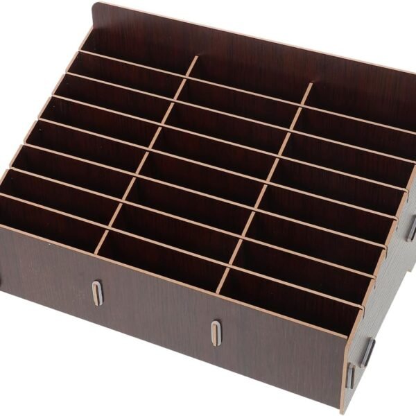 Wooden Mobile Phone Desktop Organiser, 24 Compartments Storage Boxes, Dark Brown, Multifunctional Mobile Phone and Document Storage, Ideal for Home and Office