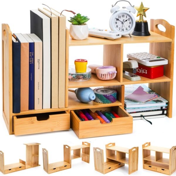 Bamboo Desktop Bookshelf, Expandable Counter Bookcase, Storage Shelves Rack Organizer with Anti-Slip Pads, Cute Small Desk Display Cubby Top for Office Supplies, No Assembly Needed