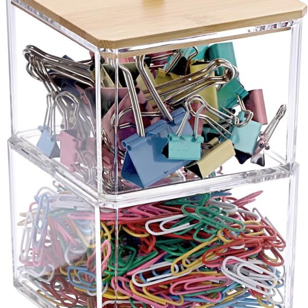 Clear Stackable Paper Clip Holder with Bamboo Lid 2-Layer Paperclip Box Thick Acrylic Office Supply Accessory Organizer Square Small Storage Holder Cute Qtip Holder for Office Bathroom Vanity
