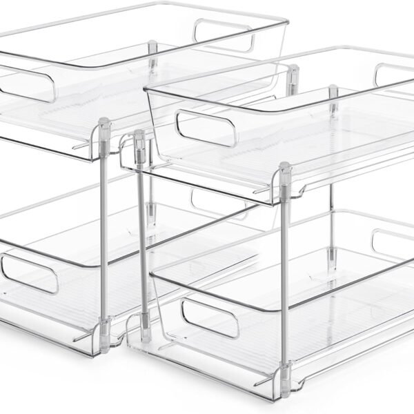 2 Tier Bathroom Storage Organizer, 2 Pack Clear Under Sink Organizers Vanity Counter Container, Cabinet Drawers Bins, Pull-Out Organization with Track for Pantry, Kitchen