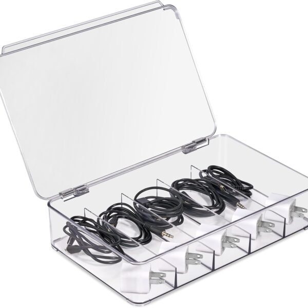 Clear Cable Organizer Storage Box – Durable Plastic Wire Management Solution with Hinged Lid & 5 Fixed Dividers for Home & Office and Sorting Jewelry, Small Toys, Building Blocks, Markers