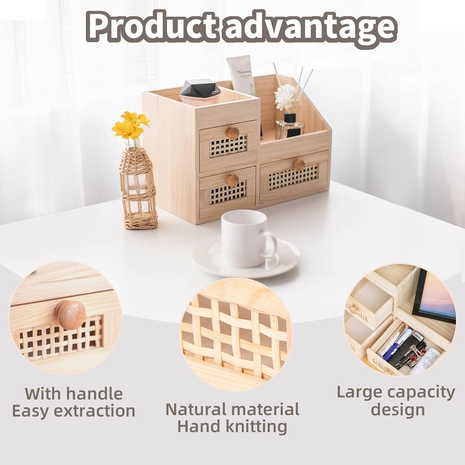 Bamboo Desk Organizer-No Assembly Required,Mini Bamboo Desk Drawer Organizer,Tabletop Storage Box for Office/kitchen counter/Bedroom, No Assembly Required (3 Drawer with Shelf) - Image 2