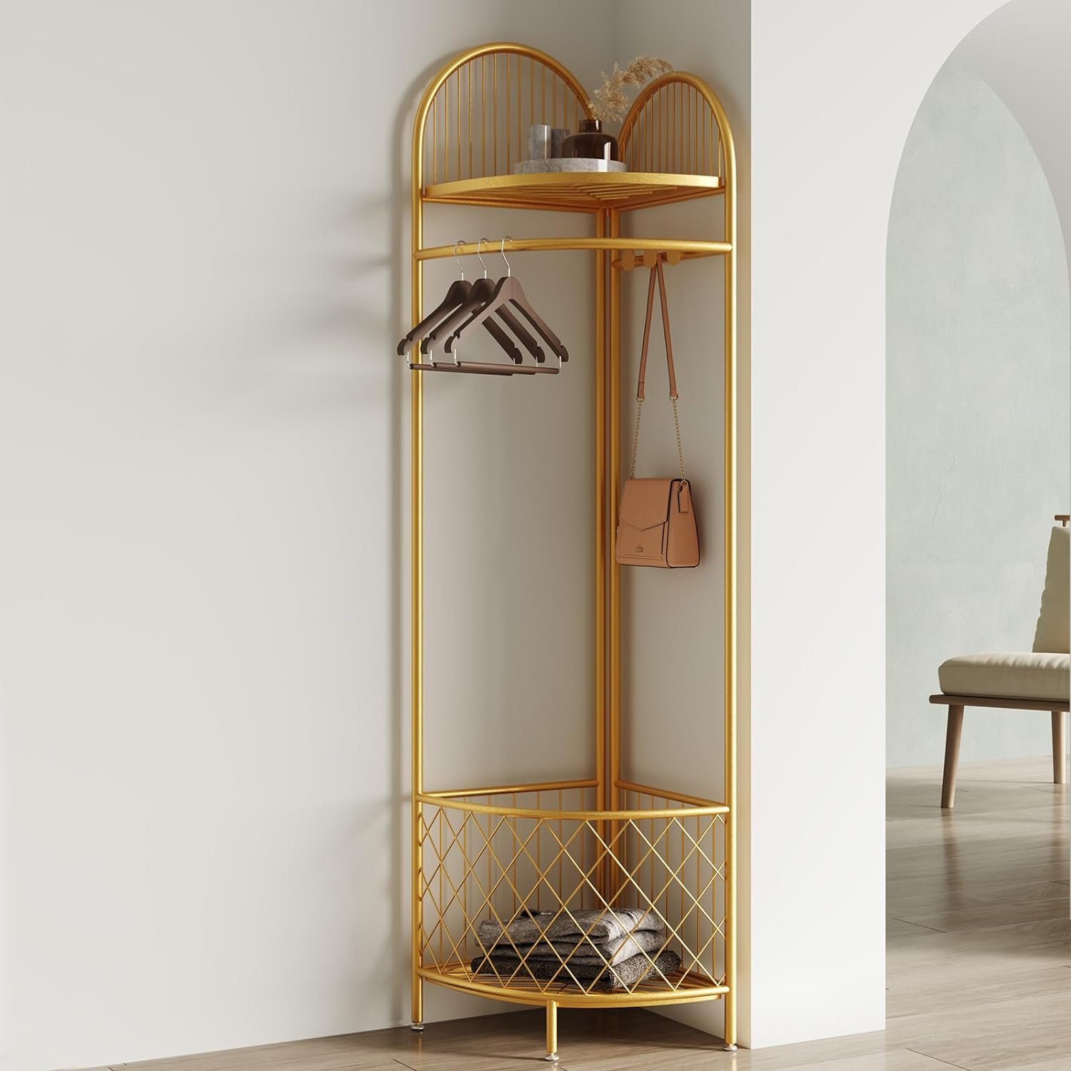 corner coat rack,corner hall tree,metal clothes rack,gold clothing rack with storage basket and hooks,corner garment rack for bedroom,living room,entryway.corner storage rack for clothes.