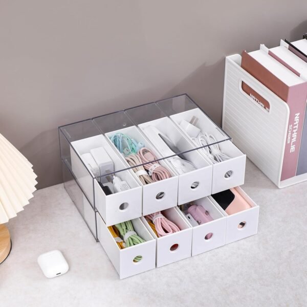 2 Pack Plastic Cord Organizer Drawers, Cable Storage Box with 40pcs of Wire Ties, Large Electronics Management Display Case for Desk Accessories, Office Supplies, USB, data Cable (White)