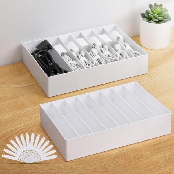 2 Pcs Large Cable Organizer Box with Wire Ties,Plastic Charger Organizer box with 8 Compartments,Stackable Cord Organizer Box for Office,Home,Desk Drawer Stationery Supplies Storage,White