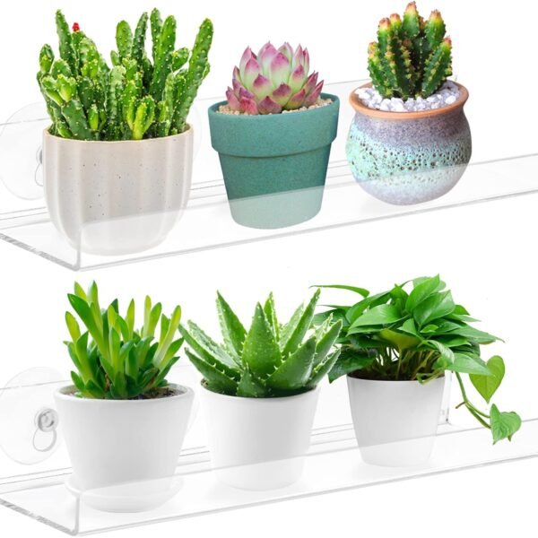15 Inch Floating Window Plant Shelf 2-Pack - Acrylic Suction Cup Sill Extender for Succulents, Herb Planters, Micro Greens, Bathroom Organizer,Display Stand & Cosmetics Storage | Space-Saving