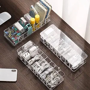 Plastic Cable Management Box, Cable Management Box,White Cable Management Box, with 10 Wire Ties, Clear Powe r Cord Organizer with 8 Compartment (2PACK)