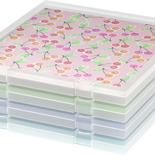 Scrapbook Paper Storage, 4 Pack Stackable Plastic File Storage Box Set, 12"x12"x1.1" Craft Organizer Storage, U-Shaped Locking Mechanism, Ideal for Office, Home, and School Document Organizer