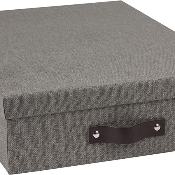Canvas Fiberboard Document  Box - File Organizer Box for Important Paperwork - Document Storage with a Lid & Leather Handle - 3.3 in x 10.2 in x 13.8 in - Gray