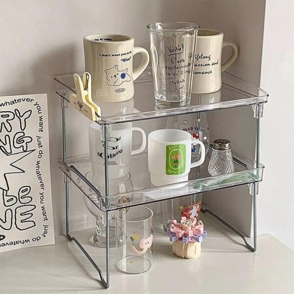 Clear Acrylic Cabinet Shelf Cosmetic Display Case Foldable Makeup Organizer Stackable Organizer for Cosmetic Bathroom Condiments Kitchen (2 Pack)