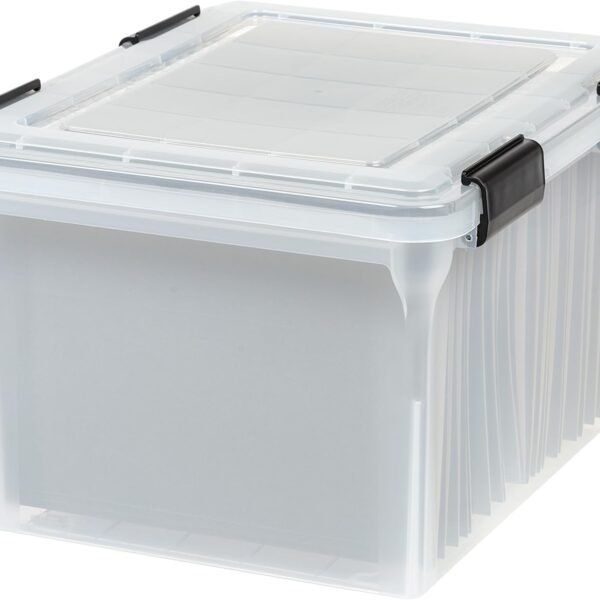 Plastic File /, Water Resistant Document Box, Durable Lid, Seal w/Secure Latching Buckles, Stackable, Nestable, - 1 Pack, Clear