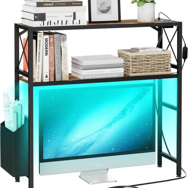 Desk Shelf, 2 Tires Desktop Bookshelf, 31.9 Inchs Desk Hutch for Monitor, Desktop Shelves with Outlet and LED Light, Adjustable Height Desktop Shelf, for Home, Office, Dorm, Brown