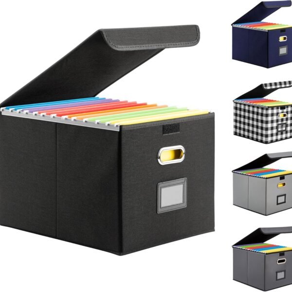 File Organizer Box, Linen Filing Organizer with Lid, Large Desktop File Boxes, Black