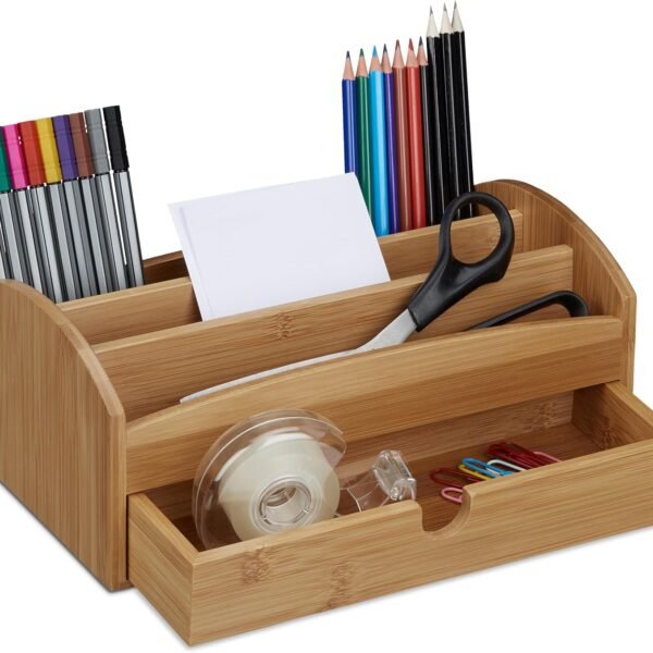 Bamboo Desk Organizer, Multipurpose Storage with 4 Compartments and 1 Drawer, Wood Grain, Size: ca 11 x 27.5 x 15 cm, Natural Brown, 15 x 27.5 x 11 cm