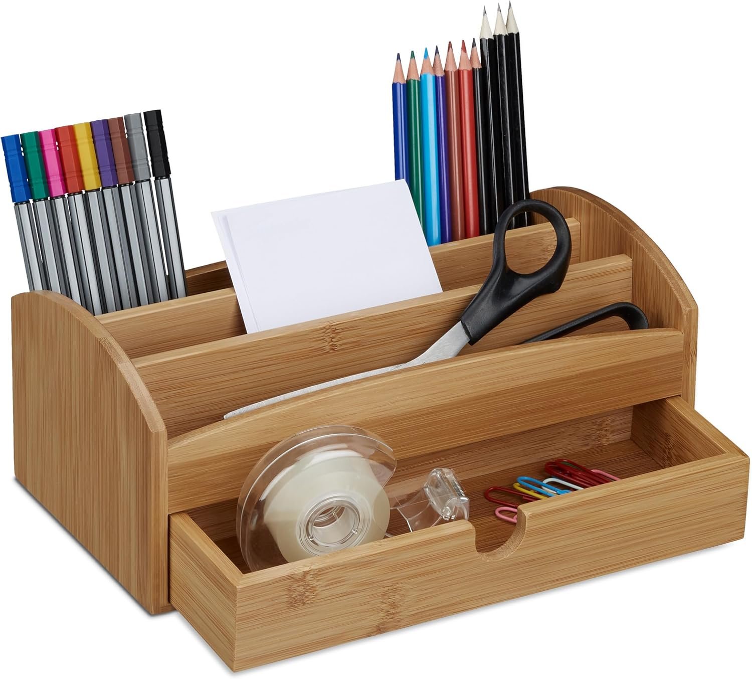 Bamboo Desk Organizer, Multipurpose Storage with 4 Compartments and 1 Drawer, Wood Grain, Size: ca 11 x 27.5 x 15 cm, Natural Brown, 15 x 27.5 x 11 cm