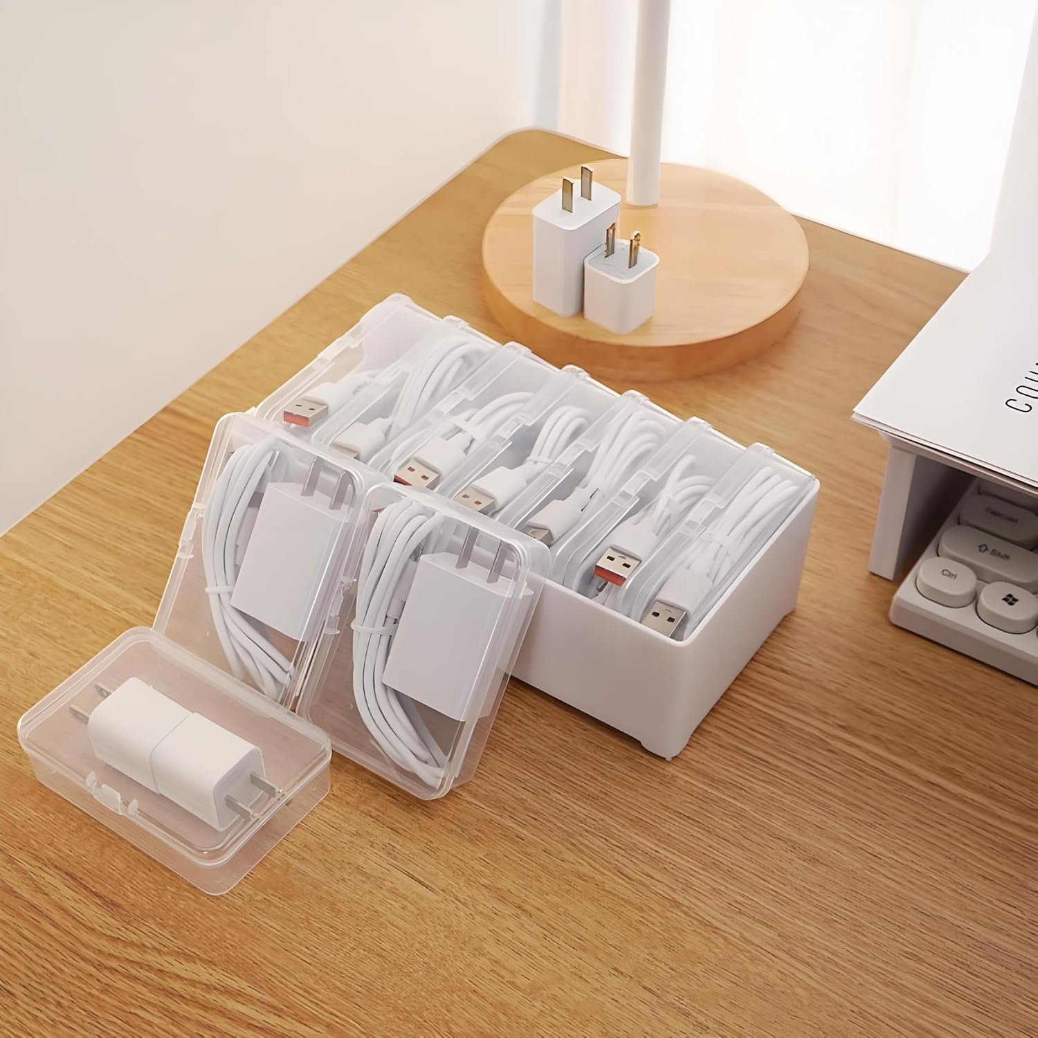 Storage Box Set with 7 Transparent Boxes - Wire Organizers for Cords, Cable Organizer Box, Cord Box, Ribbon, Cable Management Box - Perfect for Chargers, Headphones, Jewelry & Small Items