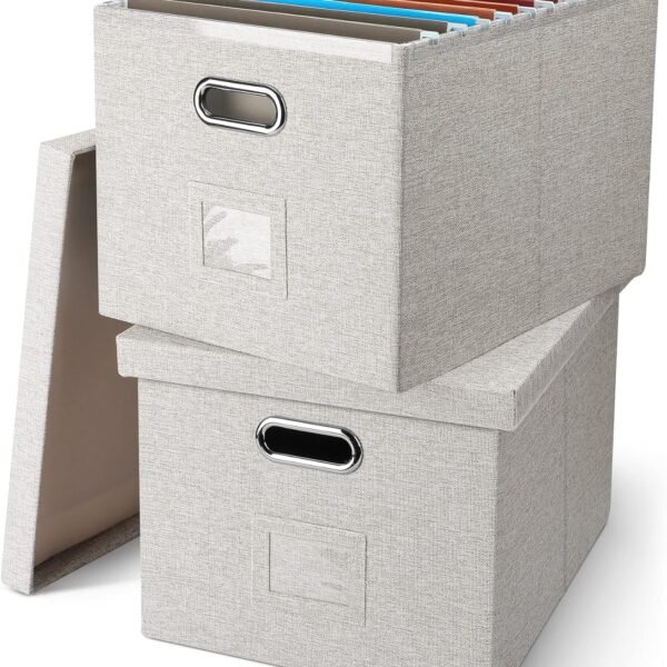 File Organizer Box, Decorative Storage Filling Box with Lid for Size Hanging Folders Collapsible Linen File Folder Box Office Document Storage Filing Bin, Beige 2 Pack